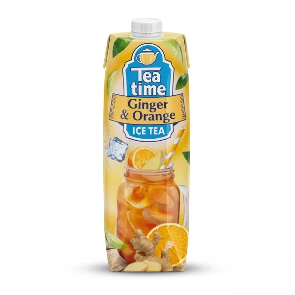 Enhanced Front of Tea Time Ginger & Orange Ice Tea 1L carton held in hand