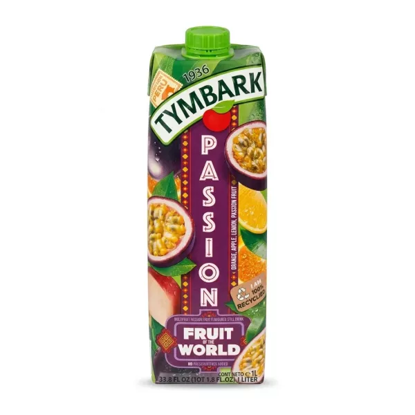 A professional product photograph of a 1L Tymbark Fruit of the World Passion fruit still drink carton. The front of the purple and green package displays vibrant images of whole and halved passion fruits, along with orange and apple slices.