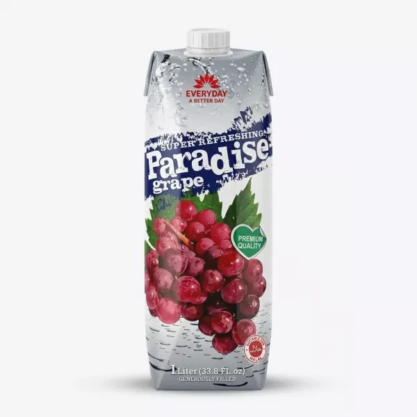 Enhanced Front of Everyday Paradise Grape Juice 1L carton, featuring grapes and premium quality label