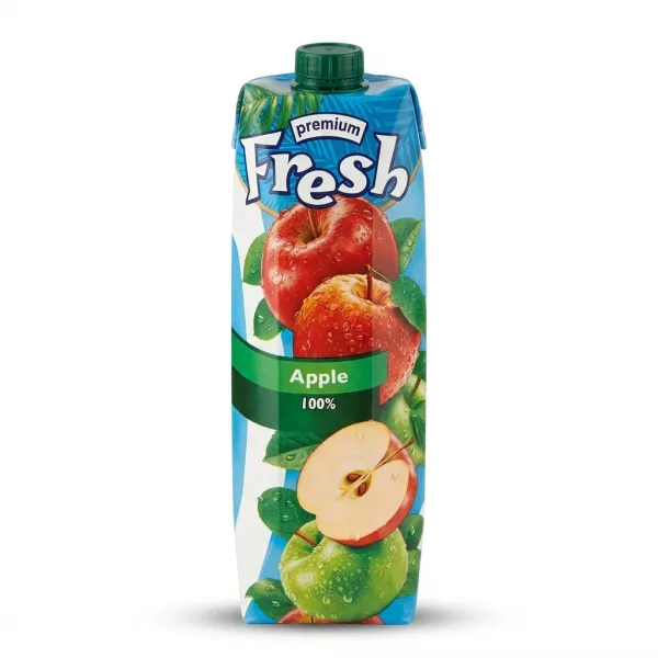 A 1-liter carton of Fresh Premium 100% Apple Juice is presented in a professional studio shot on a clean white background, featuring realistic images of fresh whole and sliced red and green apples. PRODUCT TITLE: Fresh Premium Apple Juice 1L [IMAGE]
