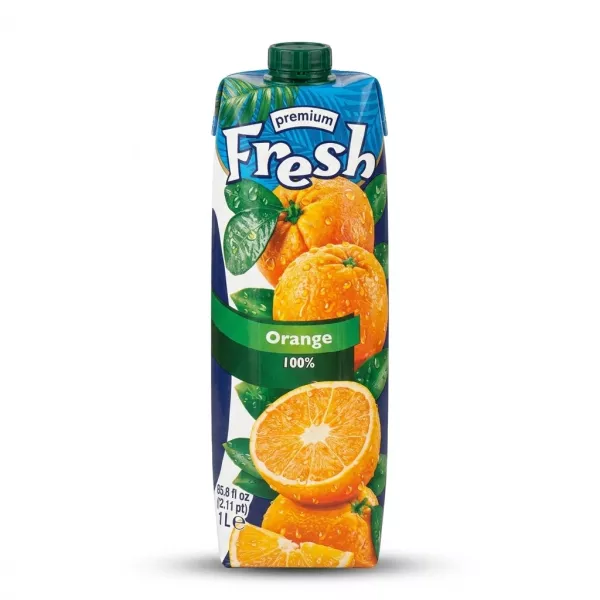 A 1-liter carton of Fresh 100% Orange Juice with Pulp, featuring realistic illustrations of oranges on a blue and green label, isolated on a white background.
