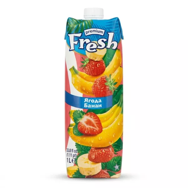 A 1-liter carton of Fresh premium Strawberry Banana Juice with a Russian label, against a clean white background. PRODUCT TITLE: Fresh Strawberry Banana Juice - Halal, No Preservatives 1L [IMAGE]