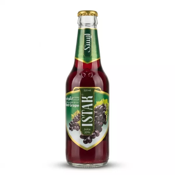 A 320ml glass bottle of Istak Red Grape Carbonated Drink with a green and gold label featuring a bunch of grapes, isolated on a clean white background.
