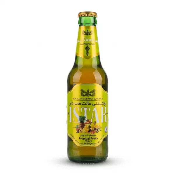 Enhanced Front of Istak Tropical Fruits Malt Beverage 320ml bottle in hand