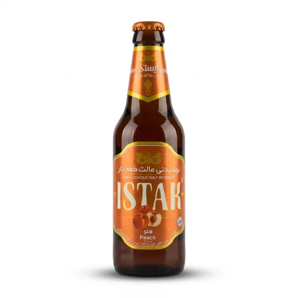 Enhanced Front view of Istak Peach Non-Alcoholic Malt Beverage 320ml bottle with orange label