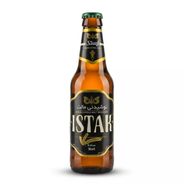 Enhanced Front view of Istak Non Alcoholic Malt Beverage bottle held in a shop aisle