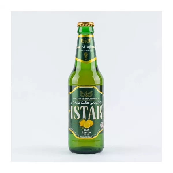 Enhanced Front view of Istak Lemon Non-Alcoholic Malt Beverage 320ml in a green glass bottle