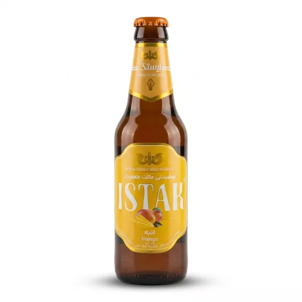 Enhanced Front view of Istak Mango non alcoholic malt drink bottle in hand