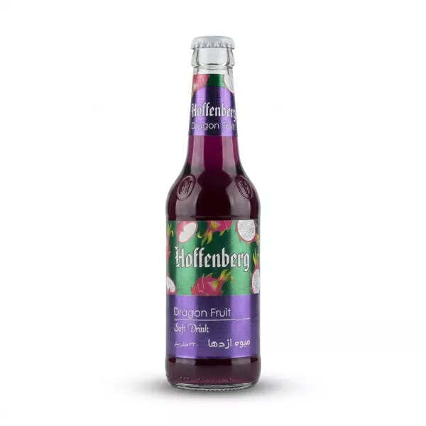 A 330ml glass bottle of Hoffenberg Dragon Fruit Soft Drink, featuring its distinct purple and green label with dragon fruit illustrations, isolated on a white background.