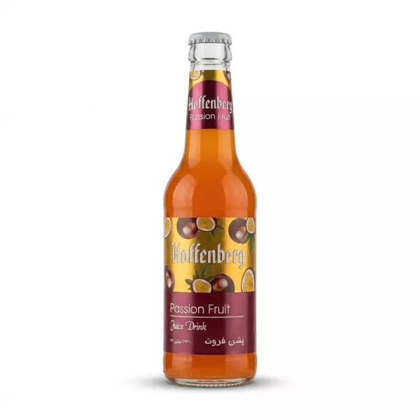 A 330ml glass bottle of Hoffenberg Passion Fruit Juice Drink is centered on a clean white background. The bottle, filled with orange liquid, has a main golden and purple label featuring passion fruit graphics and a neck label.