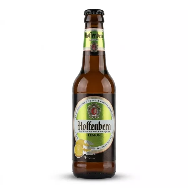 Enhanced Front view of Hoffenberg Lemon Non Alcoholic Malt Beverage 330ml bottle held in a shop aisle