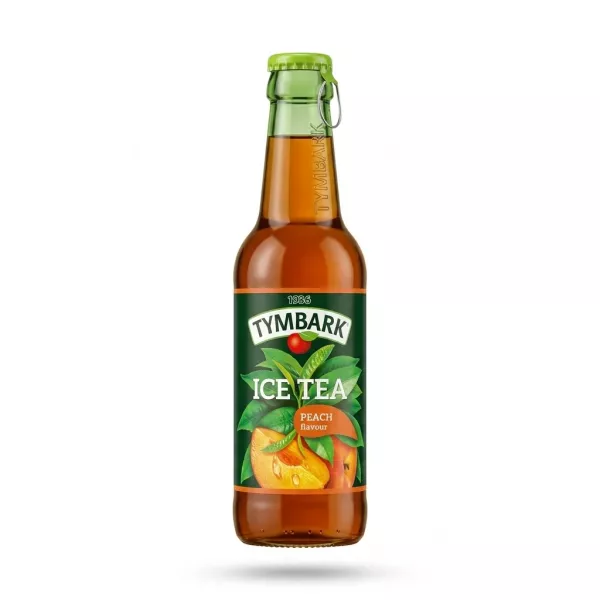 Enhanced Front of Tymbark Ice Tea Peach Flavour 250ml glass bottle