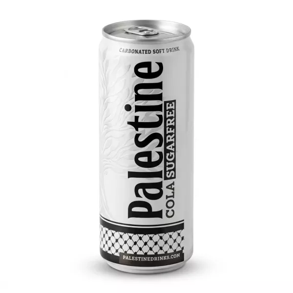 A 330ml can of Palestine Cola Sugarfree. It has a white, textured design and black branding, standing centered in a 1:1 professional e-commerce shot with a soft, natural shadow on both sides.