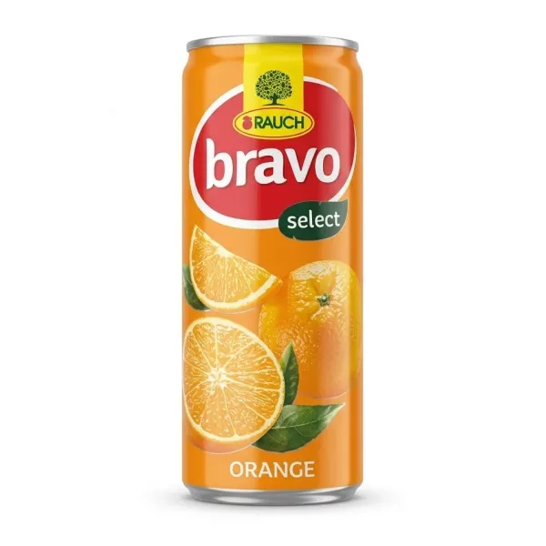 Enhanced Front view of Rauch Bravo Select Orange Juice 250ml can