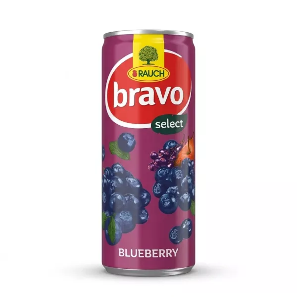 Enhanced Front view of Rauch Bravo Select Blueberry Juice 250ml can highlighting vivid branding and blueberry graphics