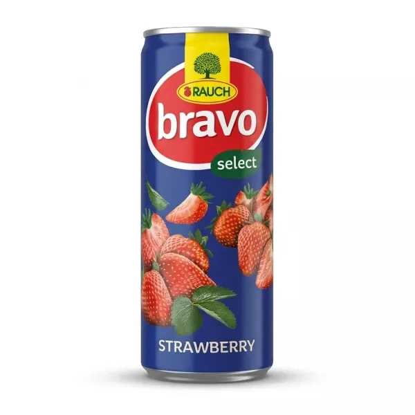 Enhanced Front of Rauch Bravo Select Strawberry Juice Drink can 250ml