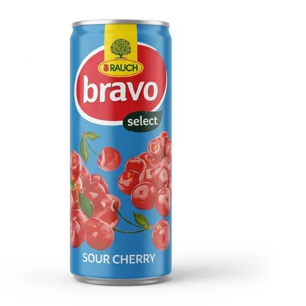 A 250ml can of Rauch Bravo Select Sour Cherry Nectar with bright blue branding, white "bravo" logo in a red oval, and vibrant illustrations of fresh red cherries. {IMAGE}