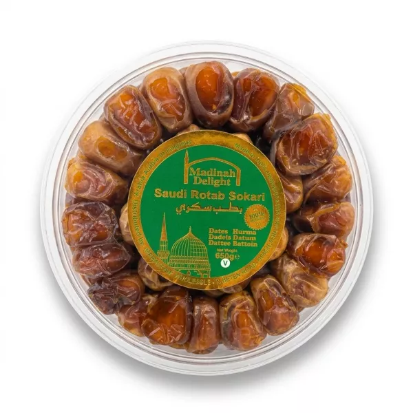 Enhanced Front view of Madinah Delight Saudi Rotab Sokari Dates 650g round container
