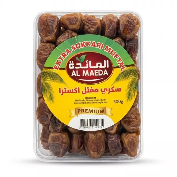 Enhanced Front view of Al Maeda Extra Sukkari Muftal Dates 500g pack with clear plastic packaging