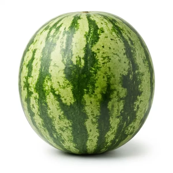 Enhanced Hand holding a large whole watermelon with green striped rind outside a fruit and vegetable shop