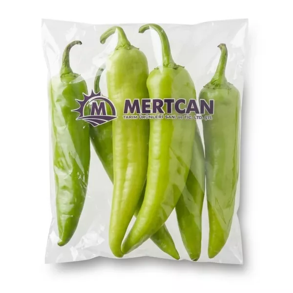 Enhanced Front of Mertcan Charleston green peppers in clear packaging