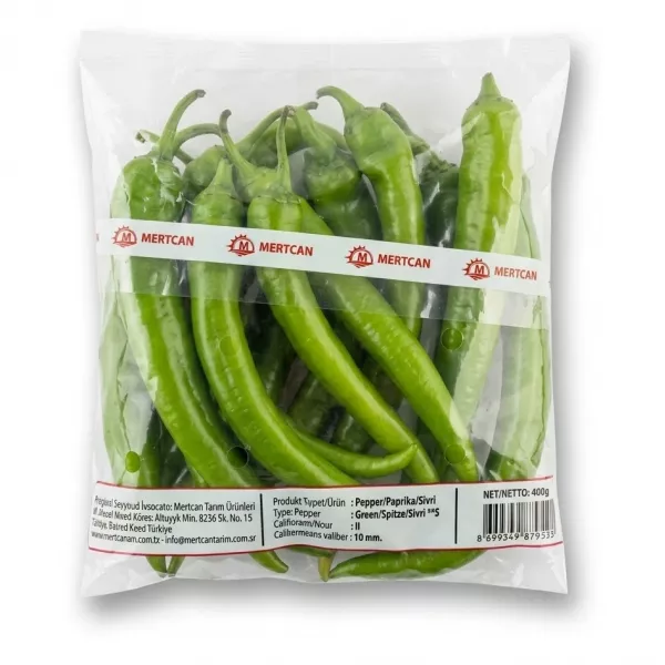 Enhanced Back of Mertcan Green Pointed Peppers 400g pack, showing product and barcode