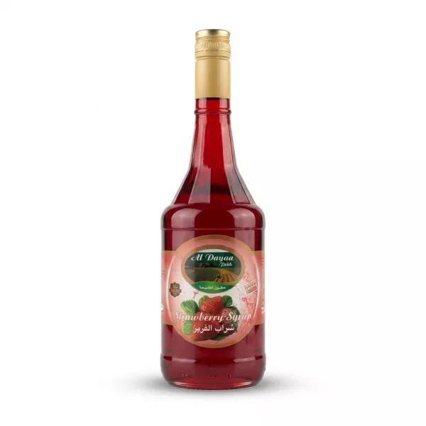 Enhanced Front label of Al Dayaa Strawberry Syrup 600ml bottle