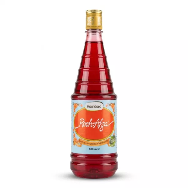 Enhanced Front view of Hamdard Rooh Afza Syrup 800ml bottle with red liquid