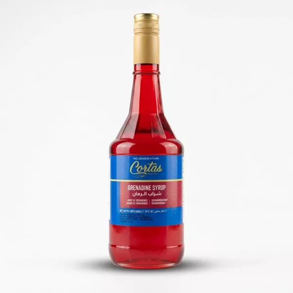 Enhanced Front view of Cortas Grenadine Syrup 600ml bottle with label visible