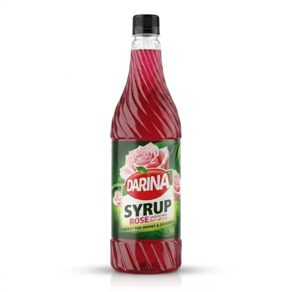 Enhanced Front view of Darina Rose Syrup 1 litre bottle