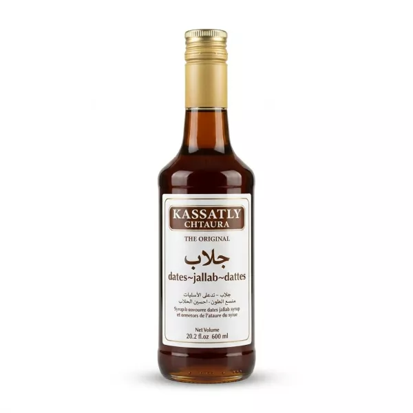 Enhanced Front view of Kassatly Chtaura Dates Jallab Syrup 600ml bottle
