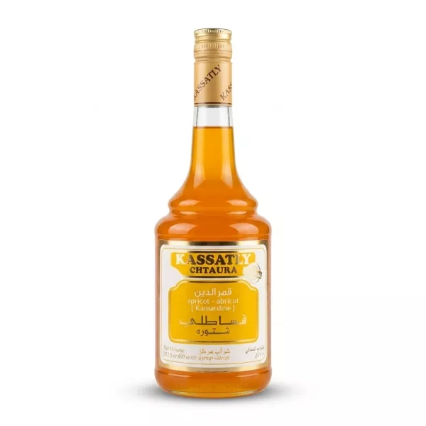 Enhanced Front of Kassatly Chtaura Apricot Syrup Kamardine bottle 600ml