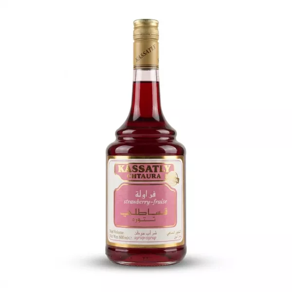 Enhanced Front view of Kassatly Strawberry Syrup 600ml bottle