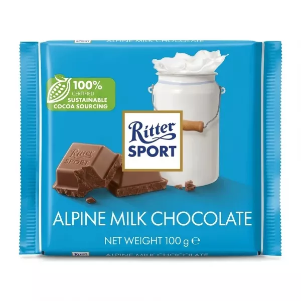 Enhanced Front of Ritter Sport Alpine Milk Chocolate 100g bar, blue packaging