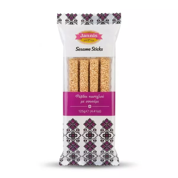 Enhanced Front view of Jannis Sesame Sticks 125g package