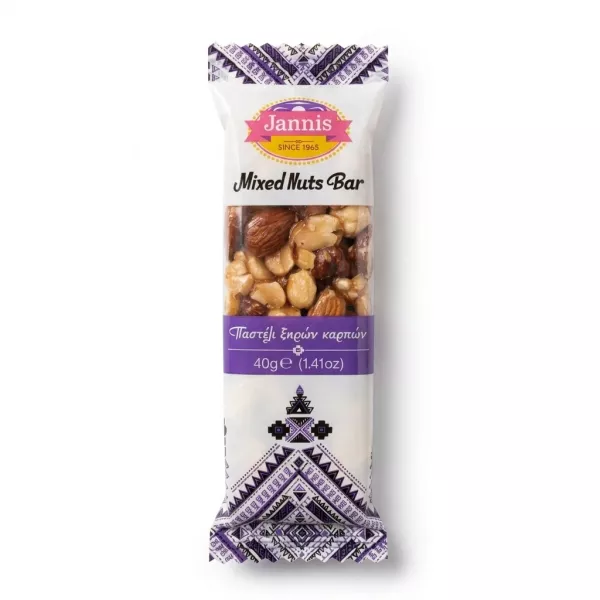 Enhanced Jannis Mixed Nuts Bar 40g in hand showing front packaging with visible nuts