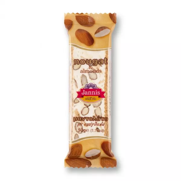 Enhanced Front view of Jannis Nougat Almond Bar 50g pack