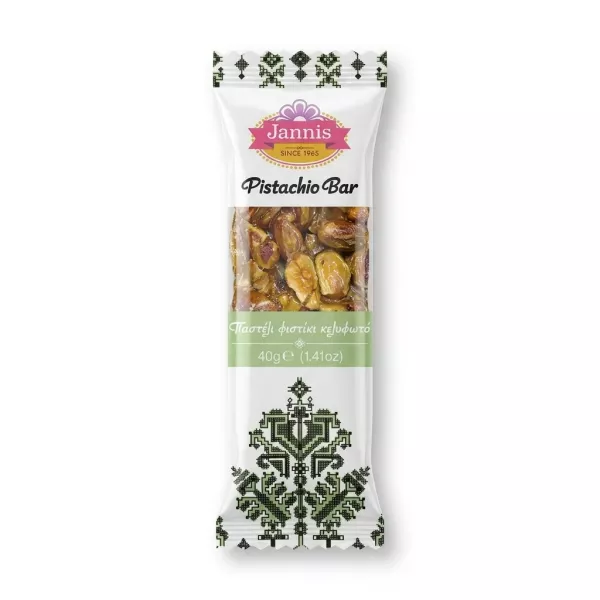 Enhanced Front packaging of Jannis Pistachio Bar 40g showing product and branding