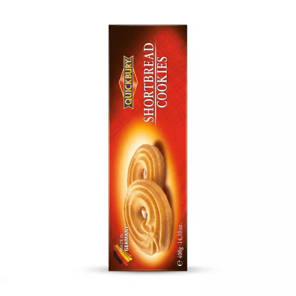 Enhanced Front of Quickbury Shortbread Cookies 400g box with product image