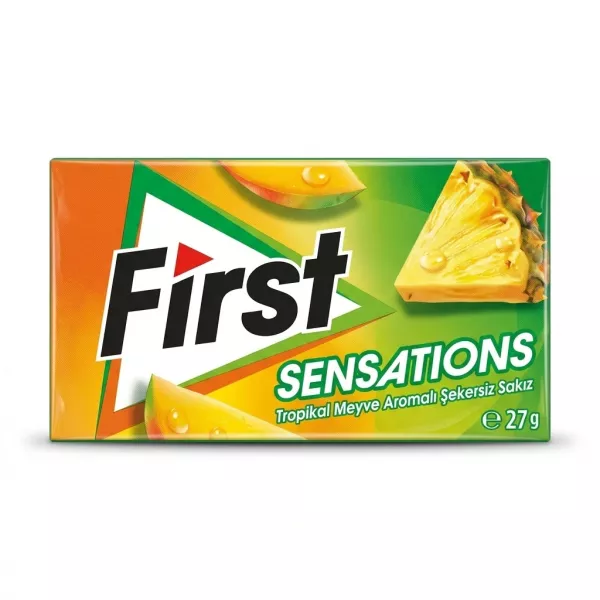 Enhanced Front view of First Sensations Tropical Fruit Chewing Gum pack