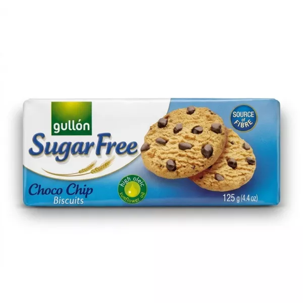 Enhanced Front view of Gullón Sugar Free Choco Chip Biscuits 125g packaging held in hand