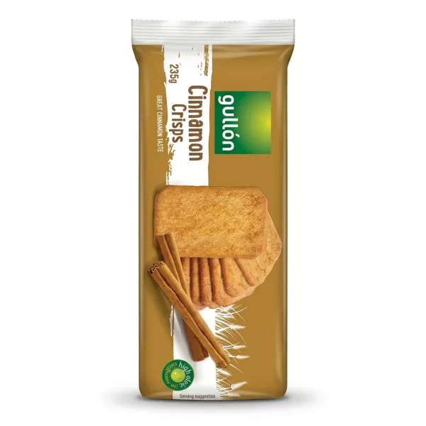 Enhanced Front of Gullón Cinnamon Crisps biscuit pack 235g with cinnamon sticks