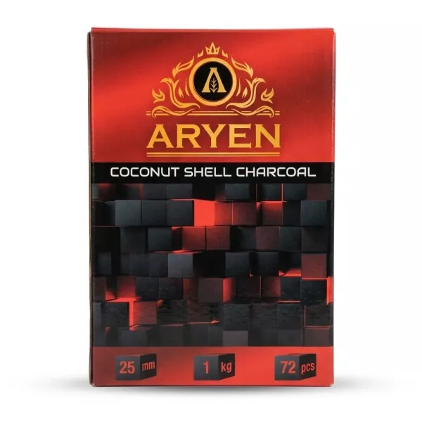 Enhanced Aryen Coconut Shell Charcoal 1kg box front showing 72 pieces and 25mm size