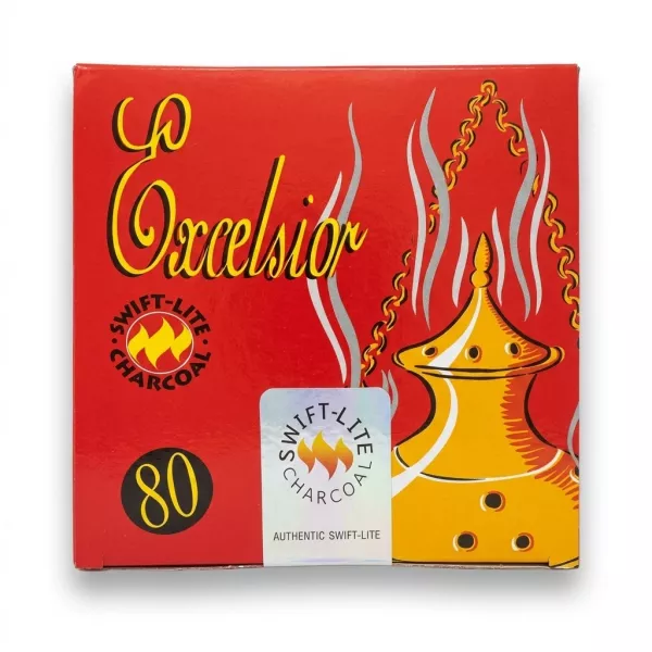 Enhanced Front of Swift-Lite Excelsior Charcoal Tablets 80 pack red box with incense burner illustration