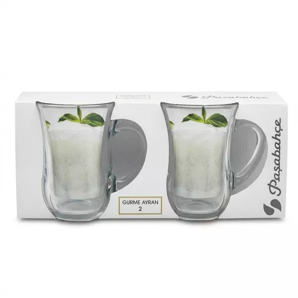 Enhanced Front view of Paşabahçe Gurme Ayran 2-piece handled glass mug set in packaging