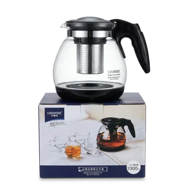 Enhanced LOVWish Qinya glass tea pot with black handle displayed on box
