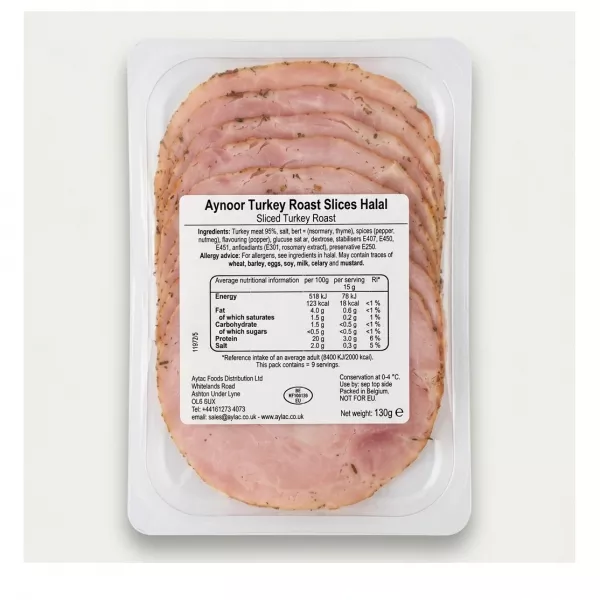 Enhanced Back label of Aynoor Sliced Turkey Roast displaying ingredients and nutrition