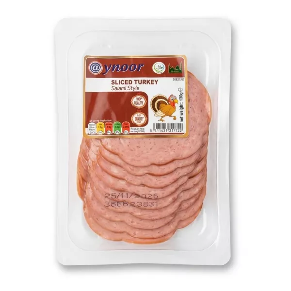 Enhanced Front of Aynoor Sliced Turkey Salami Style 130g pack in hand in a supermarket