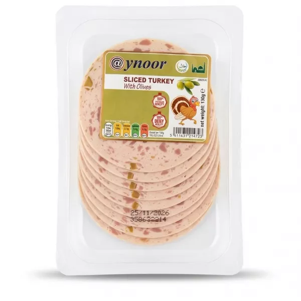 Enhanced Aynoor Sliced Turkey With Olives in plastic packaging, clear label, 130g.