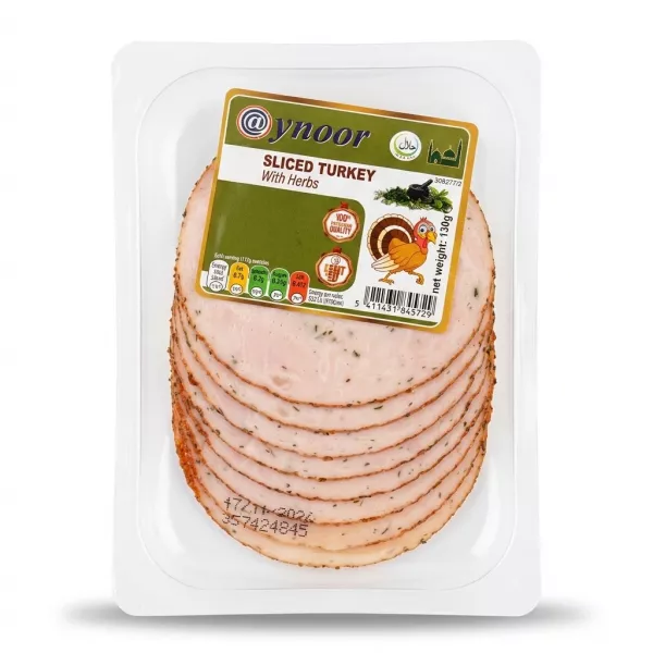 Enhanced Front of Ynoor Sliced Turkey With Herbs 130g pack in clear plastic packaging
